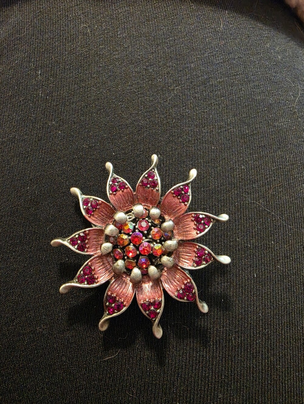 Vintage-Style Pink Flower Brooch with Red Accents